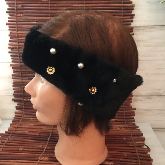 Black Faux Fur Headband Turban Bejeweled - Picture 3 of 6